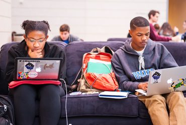 Duke students studying at the Duke Student Study Hall event, which is hosted at the museum and arranged by Nasher MUSE members.