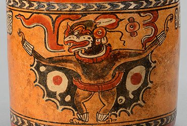 Maya (Chamá region, Highlands, Southern Guatemala), Cylinder vessel with Camazotz' (Underworld Bat) (detail), c. 672-850 CE. Ceramic with orange, red, brown, cream and black slip paints, 5 1⁄2 x 6 1⁄8 inches (14 x 15.6 cm). Collection of the Nasher Museum. Museum purchase.