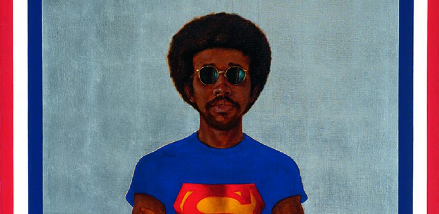 In this portrait by Barkley L. Hendricks, Icon for My Man Superman (Superman never saved any black people— Bobby Seale), a young self-portrait of the artist wears a Superman T-shirt, no pants, against a silver background.