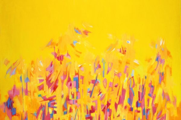 Norman Lewis painted this abstract oil painting of bright pink and blue flowers on a vivid yellow field.