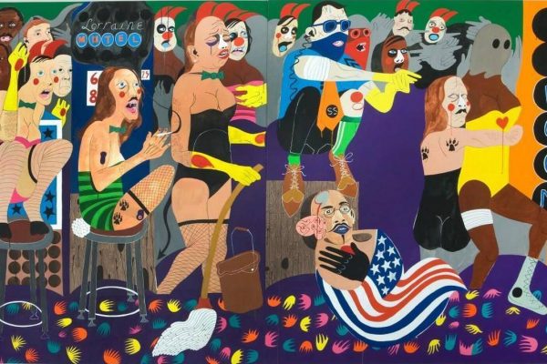 Nina Chanel Abney, “Close But No Cigar,” 2008. Acrylic on canvas, 84 x 146 inches (213.36 x370.84 cm) overall. Collection of Scott R. Coleman. Image courtesy of Kravets Wehby Gallery, New York, New York © Nina Chanel Abney