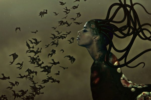 Wangechi Mutu, The End of eating Everything (detail), 2013. Animated video (color, sound), 8- minute loop, edition of 6. Courtesy of the artist. Commissioned by the Nasher Museum of Art at Duke University. The Nasher Museum of Art at Duke University presents artist Wangechi Mutu’s first animated video, created in collaboration with recording artist Santigold and co-released by MOCAtv on YouTube. The 8-minute video, The End of eating Everything,marks the journey of a flying, planet-like creature navigating a bleak skyscape. This “sick planet” creature is lost in a polluted atmosphere, without grounding or roots, led by hunger towards its own destruction. The animation’s audio, also created by Mutu, fuses industrial and organic sounds. The video was commissioned by the Nasher Museum as part of Wangechi Mutu: A Fantastic Journey, the first survey in the United States for this internationally renowned, multidisciplinary artist, and her most comprehensive and innovative show yet. The End of eating Everything can be viewed in full in person at the Nasher Museum through July 21, 2013.