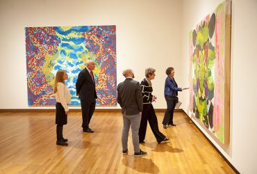 Visitors to A Material Legacy include (from left) Stephanie Wheatley, director of development, David J. Haemisegger, Marshall N. Price, Nancy Hanks Curator of Modern and Contemporary Art, Nasher Museum Director Sarah Schroth and Nancy A. Nasher. Photo by J Caldwell.