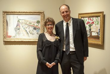 Nasher Museum Director Sarah Schroth poses with Jason Lewis Rubell, T’91, a collector and member of the Board of Advisors. Photo by J Caldwell.