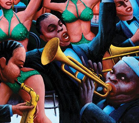Archibald J. Motley, Jr., Hot Rhythm (detail), 1961. Oil on canvas. Gift of Mara Motley, M.D., and Valerie Gerrard Browne in honor of Professor Richard J. Powell and C.T. Woods-Powell and in memory of Archie Motley. © Nasher Museum. Photo by Peter Paul Geoffrion.