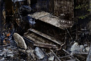 An oil painting focuses on the contents of an abandoned shed in Durham County, including an old piano.