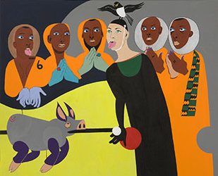 Nina Chanel Abney, Thieves Guild in Oblivion, 2009. Acrylic on canvas, 55.5 x 67 inches (140.97 x 170.18 cm). Private collection. Image courtesy of the Nasher Museum of Art at Duke University. Photo by Peter Paul Geoffrion. © Nina Chanel Abney.