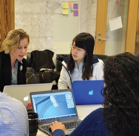 Duke art history instructor Kristin L. Huffman works in the Wired! Lab with Duke student Ting Lu