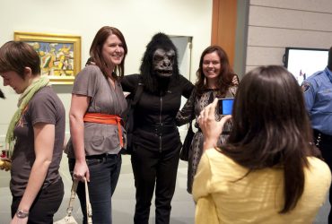 The Guerrilla Girls mingle with visitors after delivering the Annual Rothschild Lecture. Photo by J Caldwell.