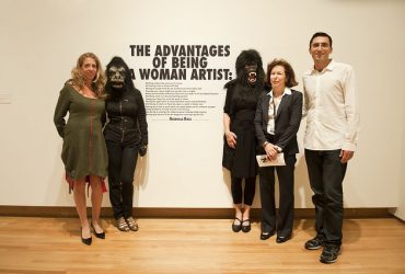 Barbra Rothschild (left) and Andrew Rothschild (right) pose with The Guerrilla Girls and Nasher Museum Director Kim Rorschach. Photo by J Caldwell.