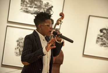 Durham-based artist shirlette ammons brings her perspective as a NC native, African American and queer artist. In this performance, she and her band respond to Kara Walker: Harper’s Pictorial History of the Civil War (Annotated). Photo by J Caldwell.
