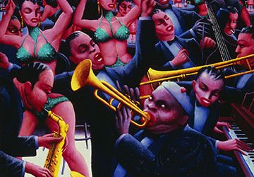 Archibald J. Motley, Jr., Hot Rhythm, 1961. Oil on canvas, 39 7/8 × 48 1/4 × 7/8 inches (101.3 × 122.6 × 2.2 cm). Collection of the Nasher Museum. Gift of Mara Motley, M.D., and Valerie Gerrard Browne in honor of Professor Richard J. Powell and C.T. Woods-Powell and in memory of Archie Motley; 2016.24.1. Image courtesy of the Chicago History Museum, Chicago, Illinois. © Nasher Museum of Art at Duke University.