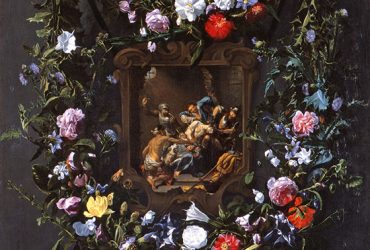 Daniel Seghers, Dutch, and Simon de Vos, Flemish, A Garland of Flowers Surrounding a Mocking of Christ, c. 1643. Oil on canvas, 51 1/2 x 42 inches (130.8 x 106.7 cm). Collection of the Nasher Museum of Art at Duke University, Durham, NC, USA. Gift in honor of Marilyn M. Segal by her family, 1998.22.8. Photo by Peter Paul Geoffrion.