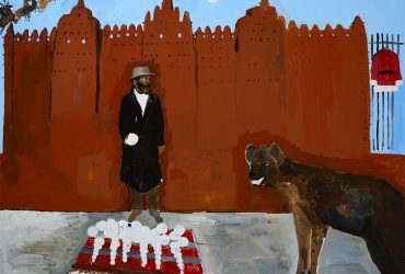 Henry Taylor, Hammons meets a hyena on holiday (detail), 2016. Acrylic on canvas, 60 × 84 inches (152.4 × 213.4 cm). Collection of the Nasher Museum of Art at Duke University. Museum purchase with additional funds provided by the Blackburn Endowment and Nasher Annual Fund. © Henry Taylor. Photo by Peter Paul Geoffrion.