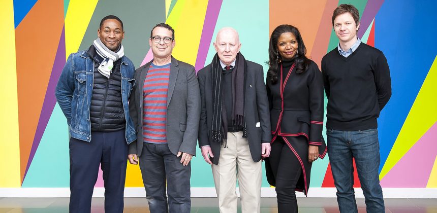 From left: Franklin Sirmans, director, Pérez Art Museum Miami; Jack Shainman, New York gallery director; Holland Cotter, art critic, The New York Times; Pamela Joyner, San Francisco art collector; Trevor Schoonmaker, Chief Curator and Patsy R. and Raymond D. Nasher Curator of Contemporary Art, Nasher Museum. Photo by J Caldwell.