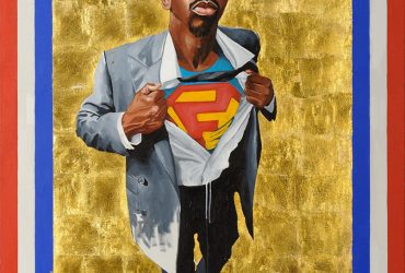 Full portrait of male figure opening shirt to reveal Superman T-shirt, with a gold leaf background.
