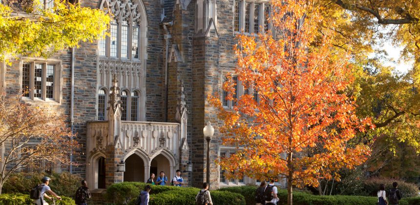 Fall view of Duke students walking on West Campus. Photo by Duke Photography.