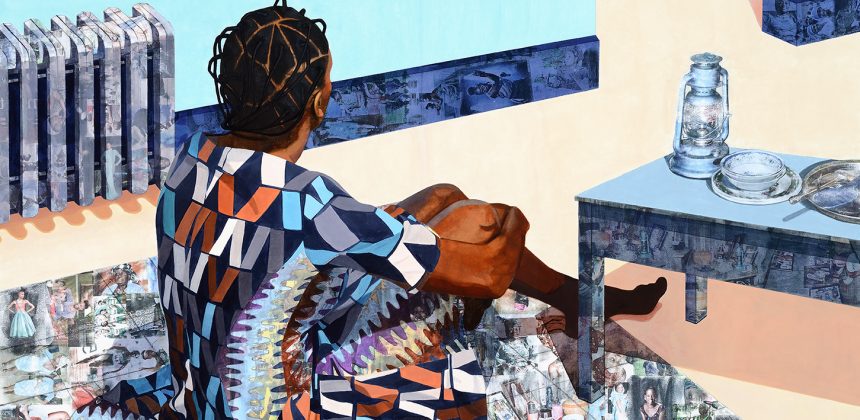 Njideka Akunyili Crosby, "The Beautyful Ones Are Not Yet Born” Might Not Hold True For Much Longer, 2013. Acrylic and transfers on paper, 64 × 82 7/8 inches (162.6 × 210.5 cm). Collection of the Nasher Museum. Gift of Marjorie and Michael Levine (T’84, P’16, P’19, P’19). © Njideka Akunyili Crosby. Photo by Peter Paul Geoffrion.