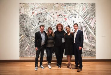 (Left to Right) Musician and Friends Board Member Mac McCaughan, his wife chef Andre Reusing of The Durham hotel, Susan Hendricks, art advisor Teka Selman and her husband Chief Curator Trevor Schoonmaker strike a pose in Solidary & Solitary.