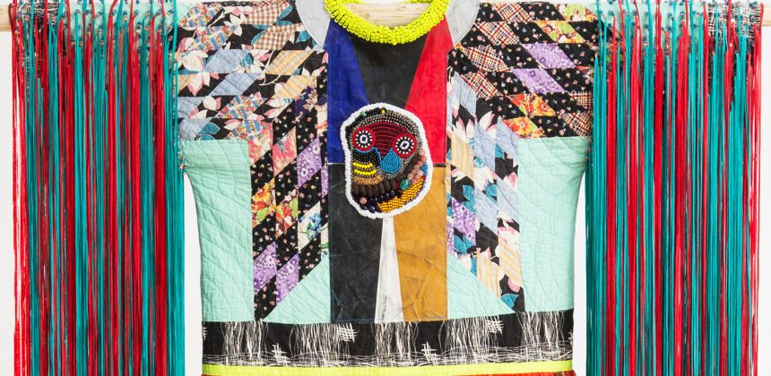 Jeffrey Gibson, Radiant Tushka (detail), 2018. Repurposed quilt, assorted glass, plastic and stone beads, printed chiffon, nylon ribbon, canvas, acrylic paint, nylon fringe, copper, and artificial sinew, 95 ½ x 64 x 2 ½ inches (242.57 x 162.56 x 6.35 cm). Courtesy of the artist and Kavi Gupta, Chicago. Photography by Peter Mauney.