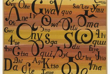 Lloyd Kiva New, Cherokee Syllabary, ca. 1945–1960. Dye on cotton, 36 x 49 inches (91.44 x 124.46 cm). PROP-27, BIA Collection Property Transfer, Courtesy of the IAIA Museum of Contemporary Native Arts, Santa Fe, NM. Photo © Estate of Lloyd H. Kiva and Aysen New.