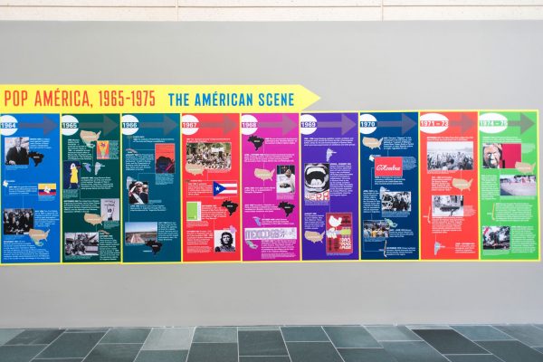 The Nasher Museum presents a timeline to complement the exhibition Pop América, 1965-1975, across a 6-by-20-foot wall in the Great Hall. Photo by J Caldwell.