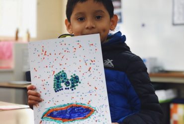 Children at Immersion for Spanish Language Acquisition (ISLA), a weekly heritage language immersion program in Chapel Hill, made paintings and collage in response to Pop art by Latino/a and Latin American artists whose work is part of a Nasher Museum exhibition.