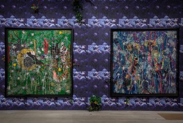 Installation view of Ebony G. Patterson . . . while the dew is still on the roses . . ., courtesy of the Pérez Art Museum Miami.