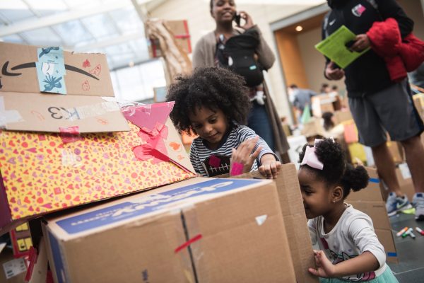 The Nasher Museum's Great Hall is transformed into a Cardboard City during the Nasher's Free Family Day on Sunday, Jan. 26th. During the event, visitors created structures out of cardboard shipping boxes, tape, construction paper, and markers. The event also featured live performances by the nationally recognized traveling theatrical group Bright Star Touring Theatre who performed a program of African folktales in the Lecture Hall. Photo by J Caldwell