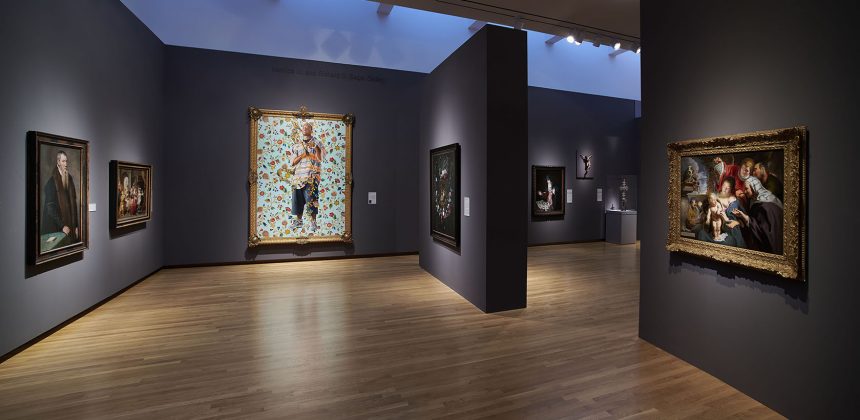 Installation view of the European Art Gallery featuring artist Kehinde Wiley's portrait of St. John the Baptist II. This painting along with several other contemporary works are creating new connections among historical works in the museum’s holdings.