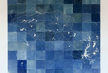 Ayla Gizlice, Map of Fish Kill Events in the Jordan Lake Watershed, 1997–2018, 2019. Cyanotype and ink on paper, 84 x 84 inches (213.36 x 213.36 cm). © Ayla Gizlice. Image courtesy of the artist.