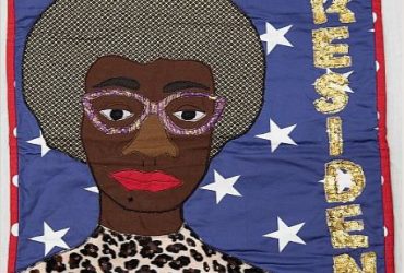 Kimberley Pierce Cartwright, Shirley for President, 2019. Assorted fabrics, embellishments, and beads; 22 x 16 inches (55.9 x 40.6 cm). Courtesy of the artist. © Kimberley Pierce Cartwright. Photo by Peter Paul Geoffrion.