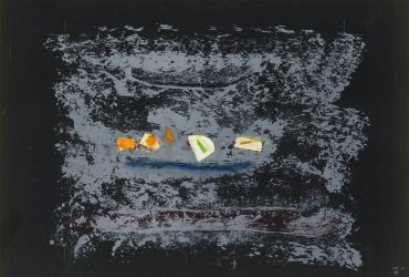 Helen Frankenthaler, Un Poco Más (A Little More), 1987. Lithograph, pastel, color pencil, and Scotch tape on paper, working proof 4/5, 33 1/2 × 37 1/2 inches (85.09 × 95.25 cm). Collection of the Nasher Museum of Art at Duke University. Gift of the Helen Frankenthaler Foundation, 2019.27.14. © Helen Frankenthaler Foundation, Inc.