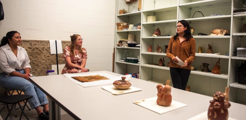 Diana Sanchez, Duke Class of 2022 and 2022 Carmichael Intern at the Nasher Museum, gives a presentation to museum colleagues