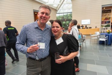 Frank Guarnieri, partner of co-curator Elizabeth Finch, strikes a pose with Julianne Gilland, deputy director of the Colby College Museum of Art, Waterville, Maine