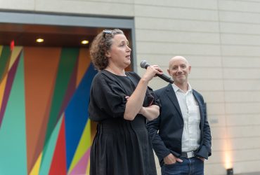 Jessica May, Executive Director, Kemper Museum of Contemporary Art, and Marshall N. Price, Chief Curator at the Nasher Museum share the stage to give remarks