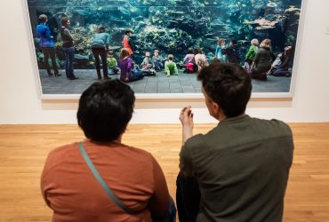 Two visitors discuss a work of art in the latest exhibition Second Nature