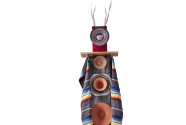 Cannupa Hanska Luger, Elder Delegation, 2023. Ceramic, steel, repurposed industrial felt, repurposed speaker parts, fir, blanket